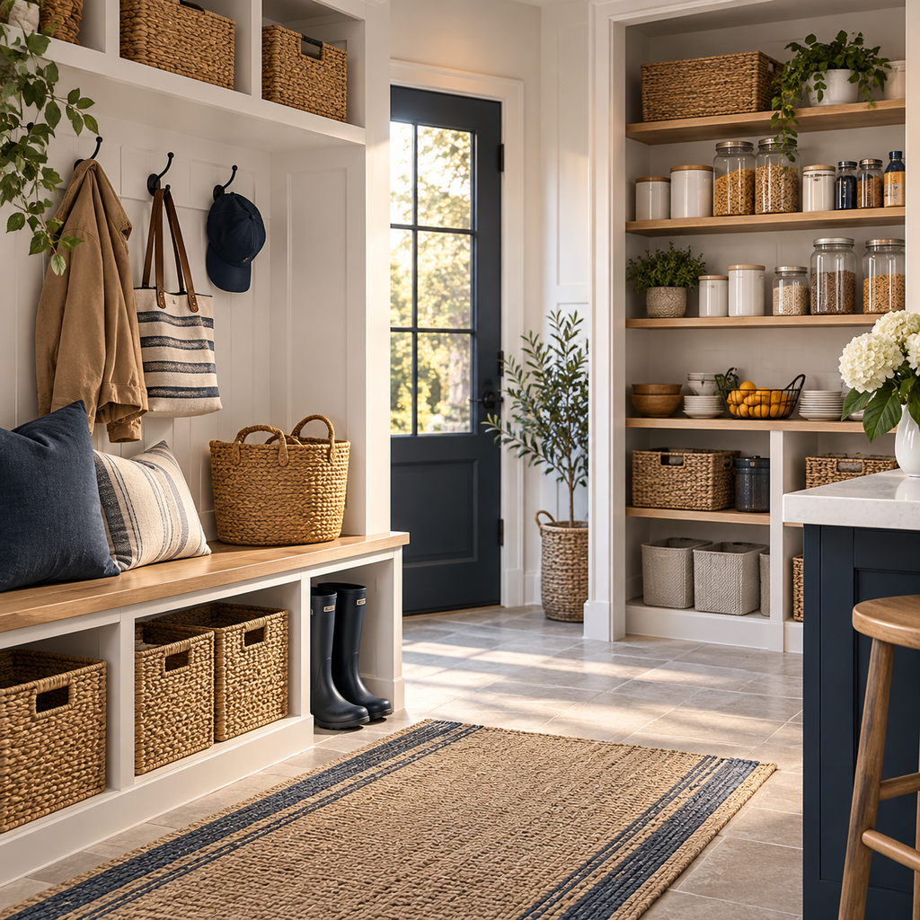 Organized home entryway with storage shelves and baskets