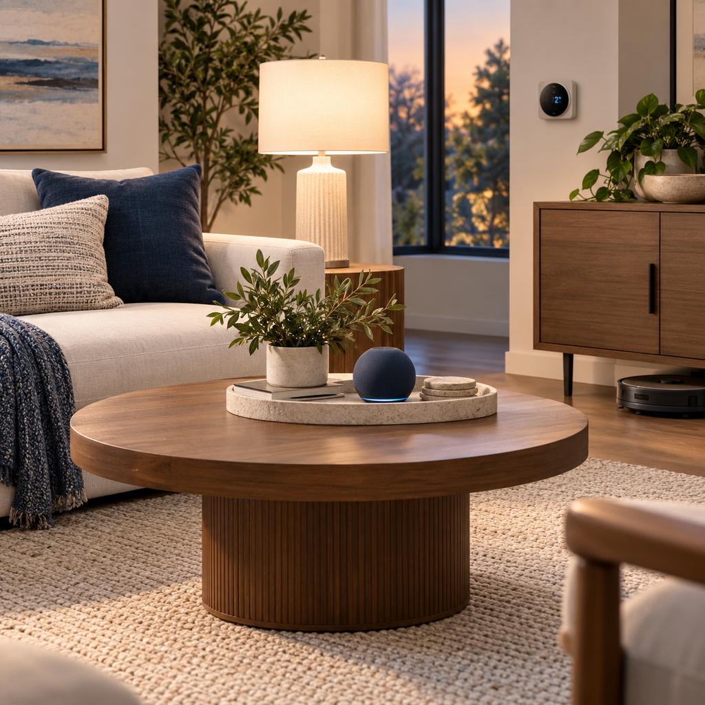 Modern living room with smart home devices